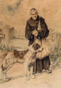 Vittorio Guaccimanni (1859-1938) - Elderly Italian friar with a St Bernard dog Watercolour over