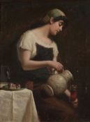 T. Wilson (19th century) - A girl pouring a jug of claret Oil on canvas Signed and dated 1883 vlower
