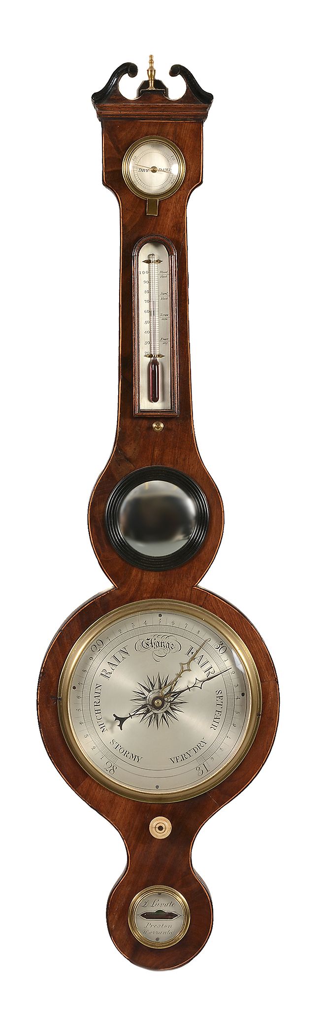 A mahogany mercury wheel barometer, D. Luvate, Preston, circa 1830 A mahogany mercury wheel