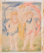 Simeon Solomon (1840-1905) - Cupid carried in Triumph by Two Cherubs Crayon with touches of