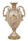 A Royal Worcester blush ivory ground two-handled vase signed by C A Royal Worcester blush ivory