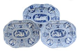 Two Spode blue and white printed `well and tree` shaped rectangular meat dishes Two Spode blue and