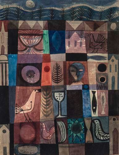 Basil Ivan RÃ¡kÃ³czi (1908–1979) - Grid composition with landscape, Watercolour Signed lower left 24
