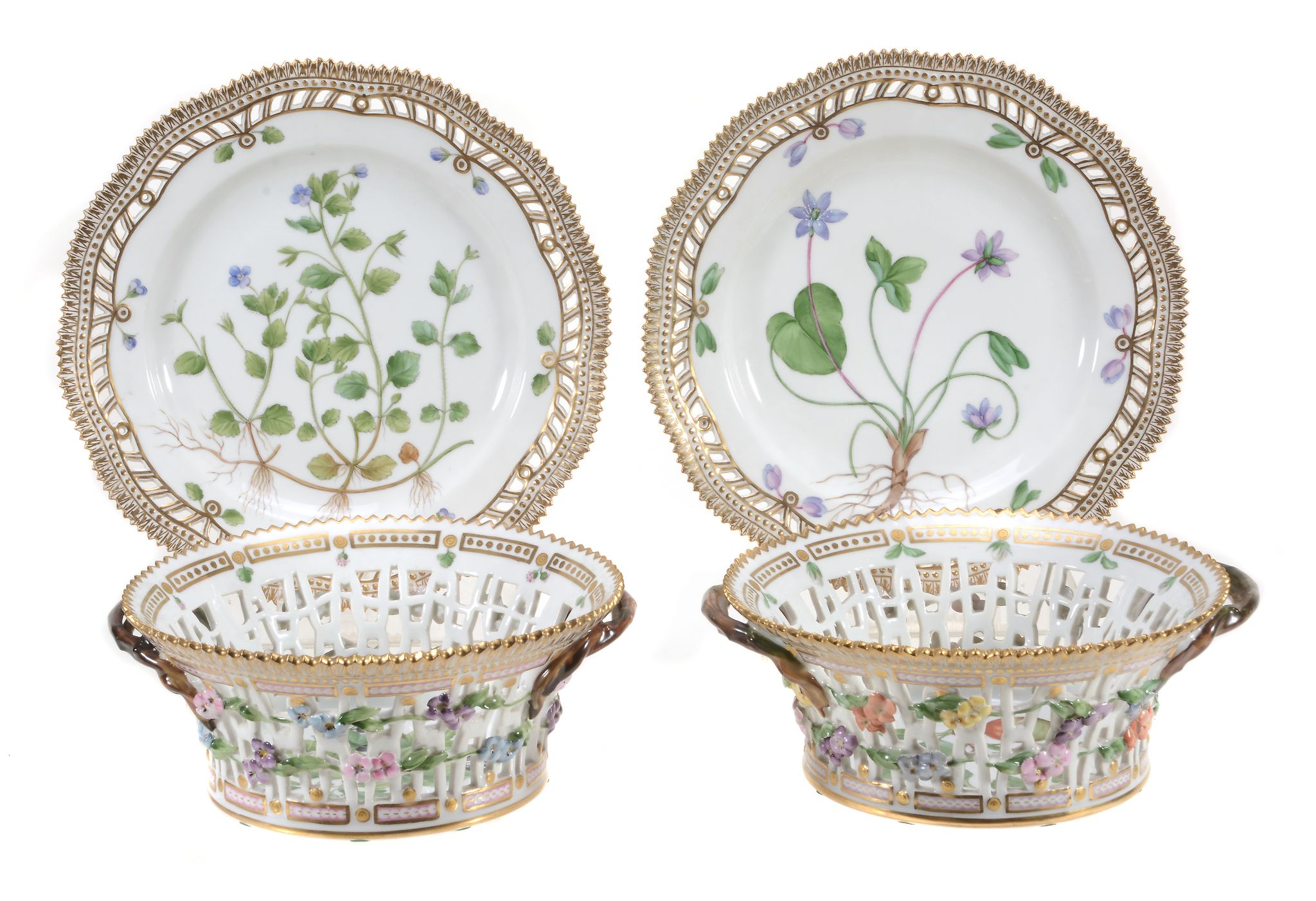 A pair of Royal Copenhagen Flora Danica two-handled pierced baskets, circa 1930 A pair of Royal