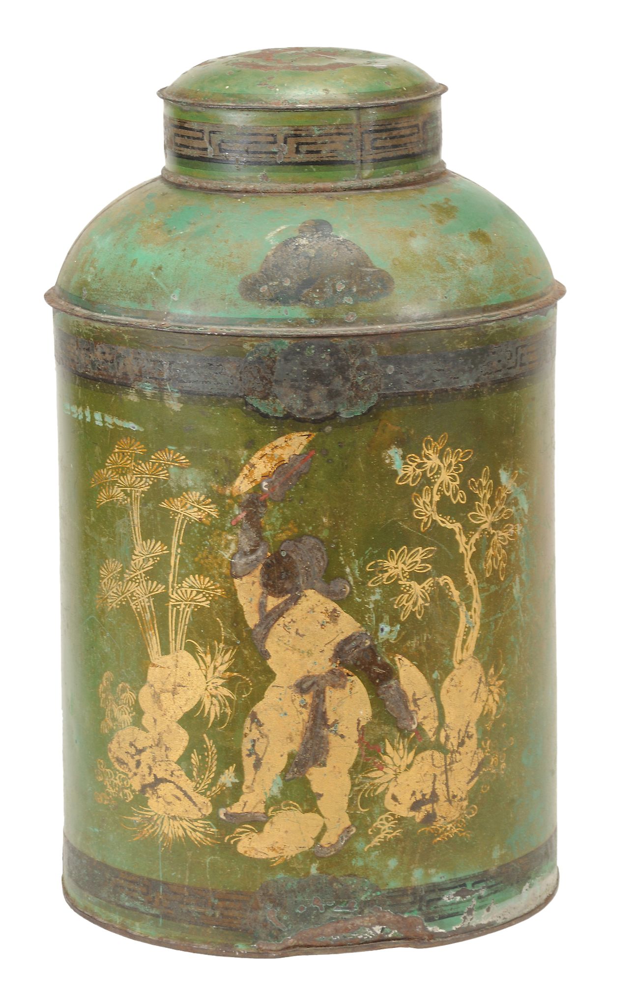 An Irish japanned and parcel gilt metal tea canister  An Irish japanned and parcel gilt metal tea