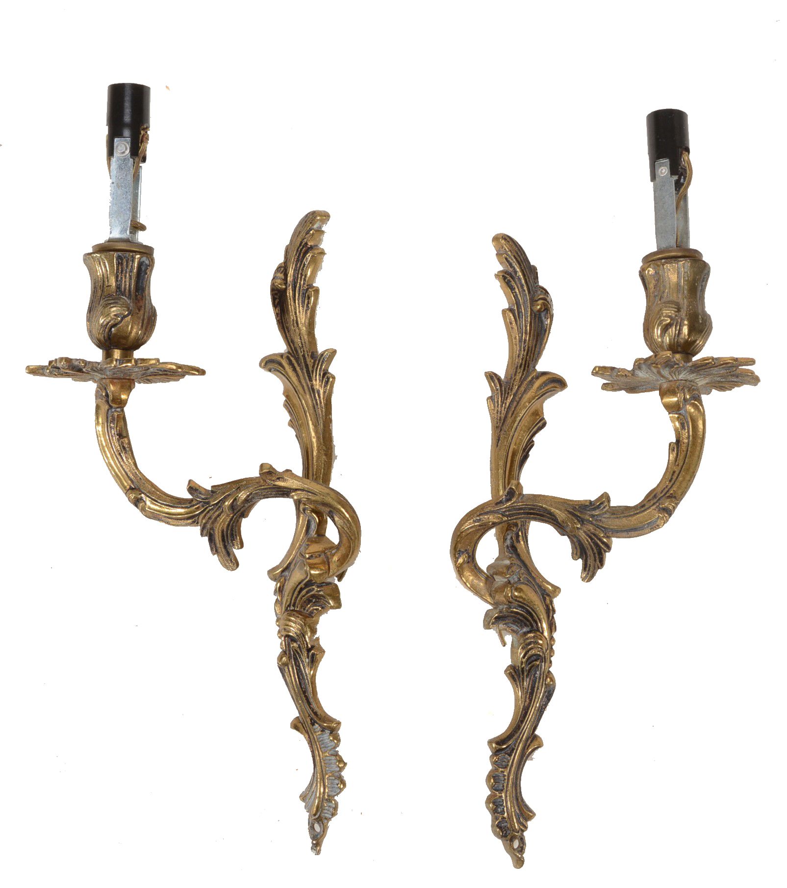 A pair of gilt metal twin light wall appliques in Louis XV style  A pair of gilt metal twin light - Image 2 of 2