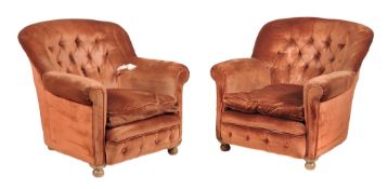 A pair of oak and upholstered tub armchairs  A pair of oak and upholstered tub armchairs, first half