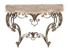 A wrought iron and marble mounted console table in mid 18th century style  A wrought iron and marble