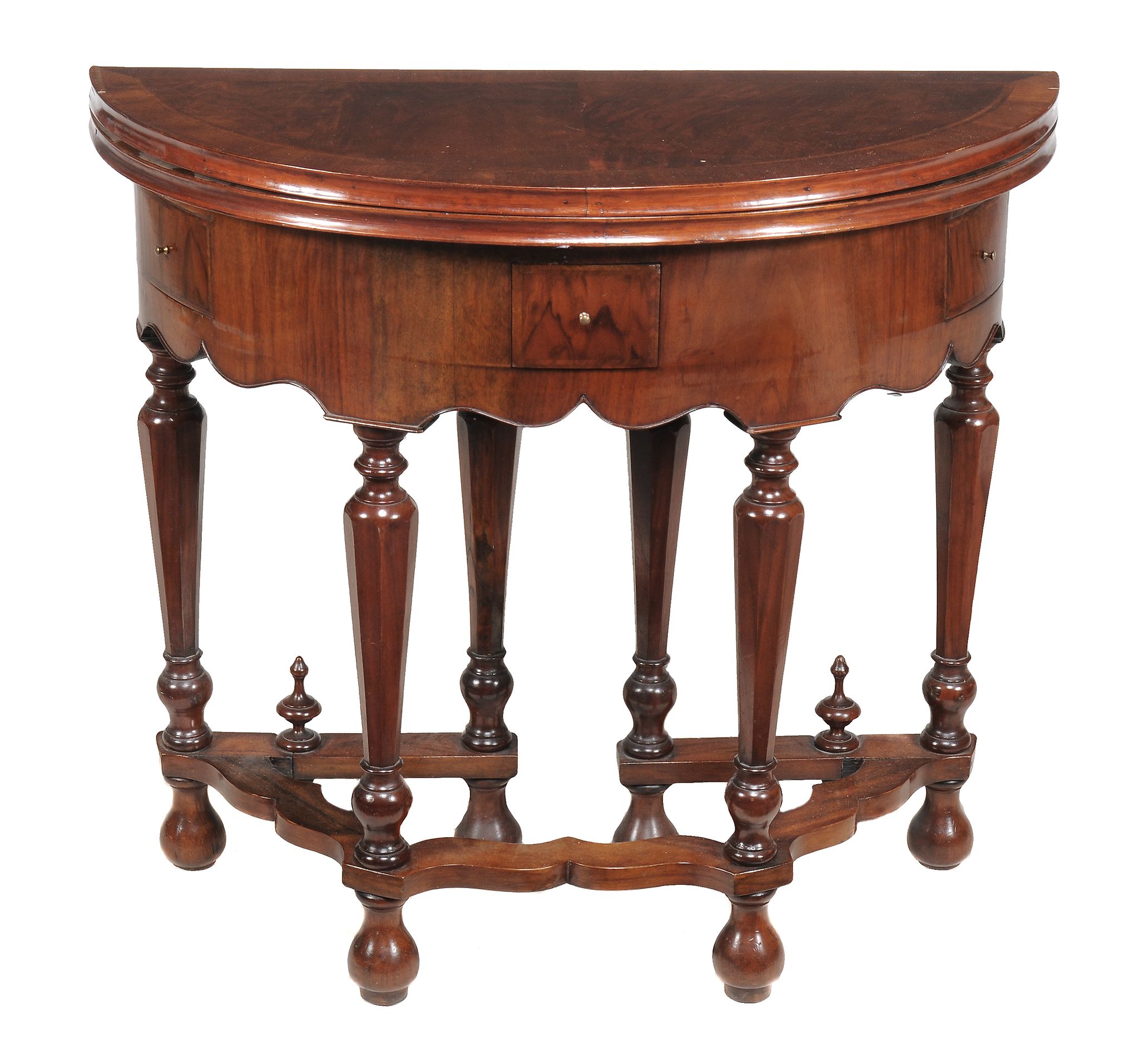 A walnut and featherbanded semi elliptical folding table in William & Mary...  A walnut and