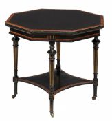 A Victorian ebonised thuyawood banded octagonal centre table circa 1890  A Victorian ebonised