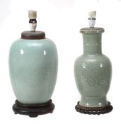 Two Chinese celadon glazed porcelain vases fitted as table lamps  Two Chinese celadon glazed