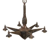 A patinated metal six light electrolier in Art Deco style, probably French  A patinated metal six