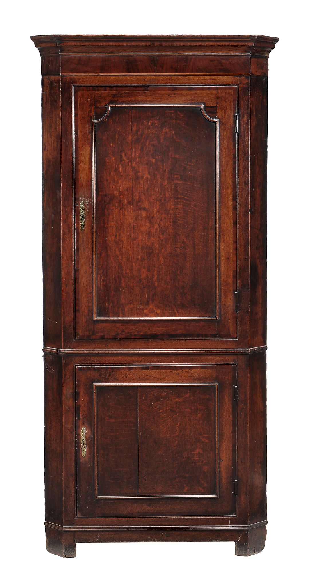 A George III oak and mahogany crossbanded standing corner cabinet, circa 1800  A George III oak