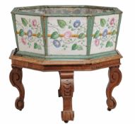 A painted and tile inset wine cooler or jardiniere late 19th Century  A painted and tile inset