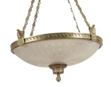 A brass and cut opaque glass hanging dish light, 20th century  A brass and cut opaque glass