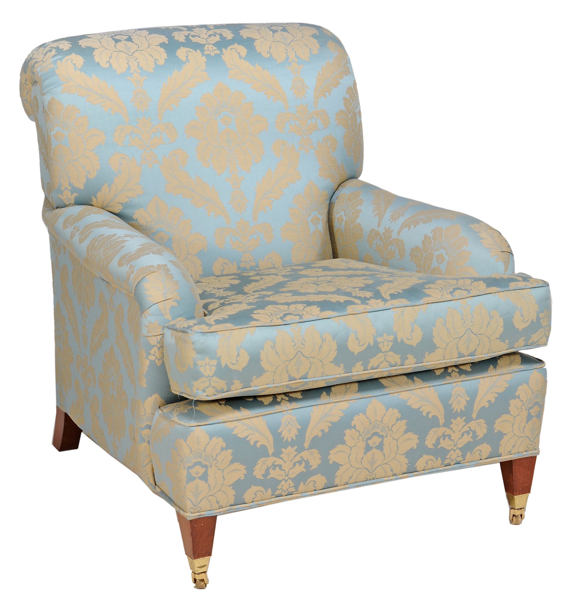 A mahogany and damask upholstered armchair in Victorian style , 20th century  A mahogany and