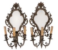 A pair of gilt metal three light girandoles, probably French, circa 1880  A pair of gilt metal three