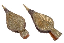 Two pairs of repousse brass mounted fruitwood hearthside bellows, 19th century  Two pairs of