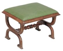 A William IV rosewood X-framed stool, c1835 with a moulded frieze above...  A William IV rosewood