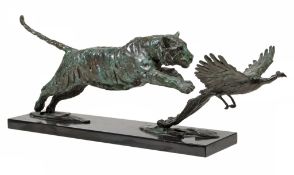 Mark Coreth , a patinated bronze group of a tiger chasing a bird  Mark Coreth (b. 1958), a patinated