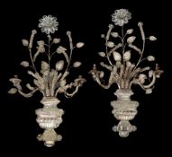 A pair of Continental moulded and cut glass and silvered metal twin light...  A pair of