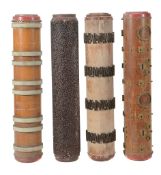 Four assorted French brass mounted wood wall paper printing cylinders  Four assorted French brass