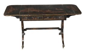 A Regency japanned and gilt decorated sofa table  A Regency japanned and gilt decorated sofa