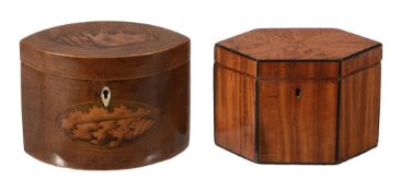 A George III harewood and marquetry inset tea caddy, last quarter 18th century  A George III