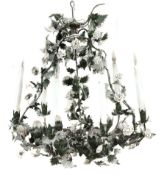 A Continental painted metal and porcelain mounted six light chandelier  A Continental painted