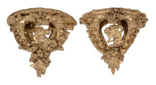 A pair of gilt wall brackets in the Louis XV style late 19th century with...  A pair of gilt wall