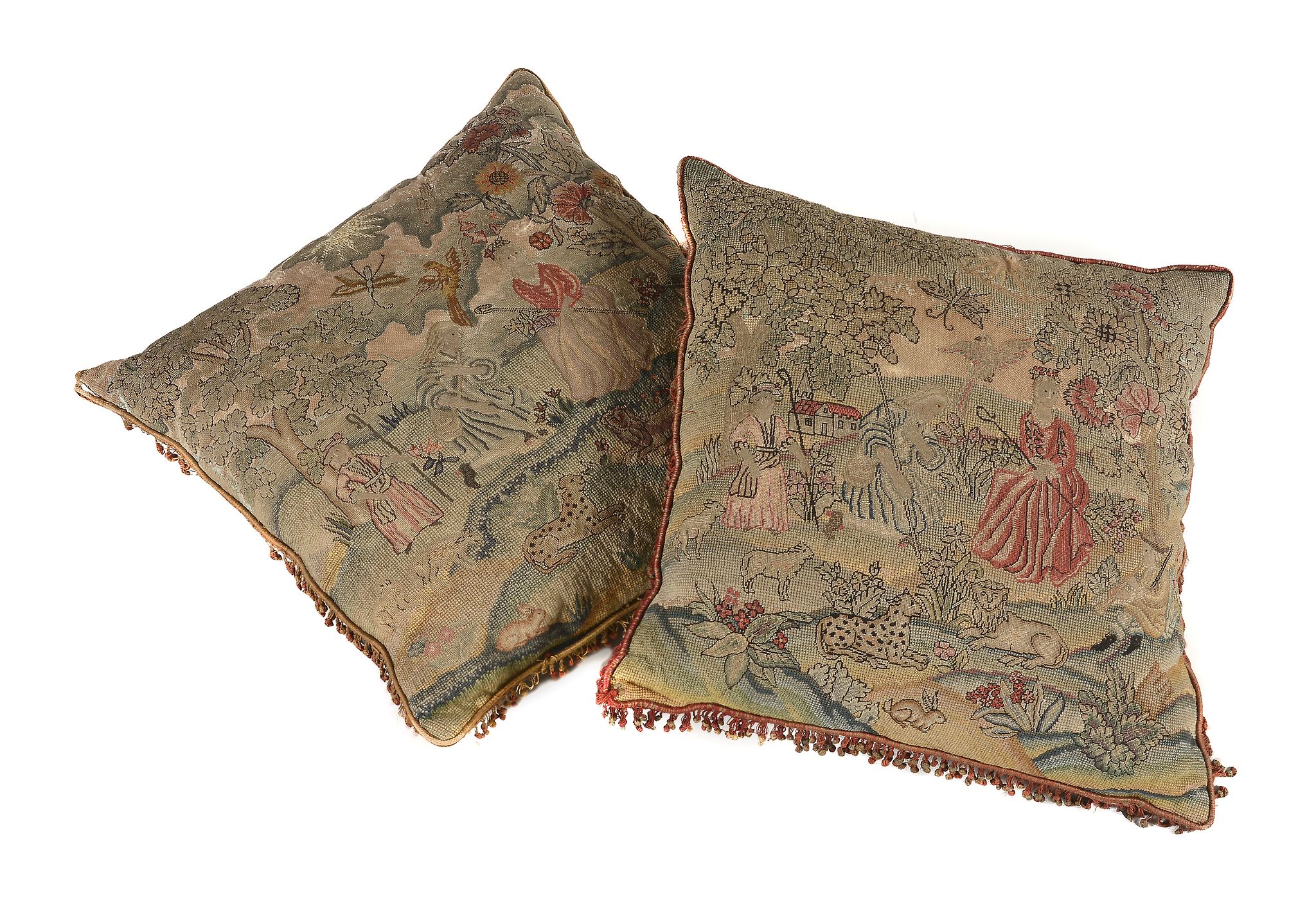 Two George II needlework panels, each mounted on later cushions,  Two George II needlework panels,