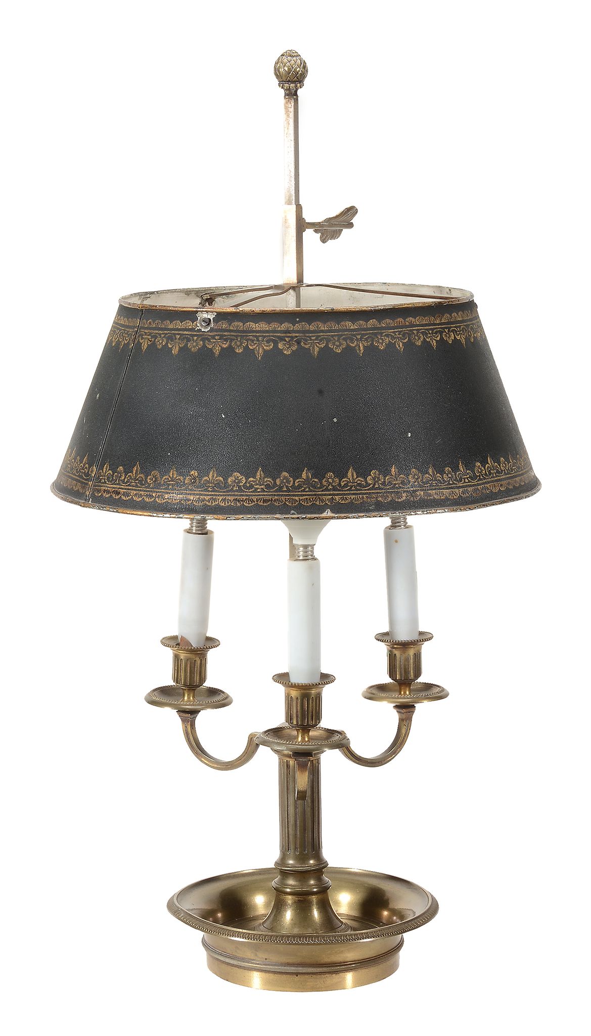 A tole peinte and brass lampe bouillotte in Louis Philippe style  A  tole peinte   and brass