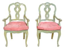 A pair of Continental green painted armchairs in mid 18th Century style 20th...  A pair of