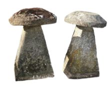Two limestone staddle stones with caps, 18th or 19th century, of typical form  Two limestone staddle