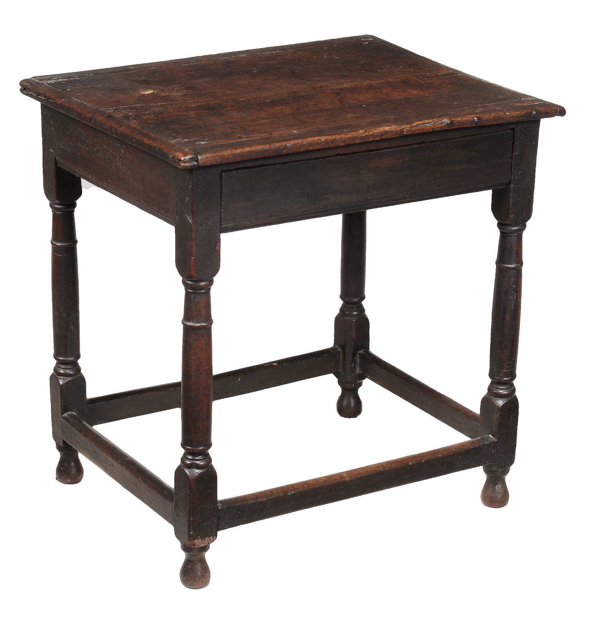 A Charles II oak side table, crca 1660, the cleated plank top above a drawer...  A Charles II oak