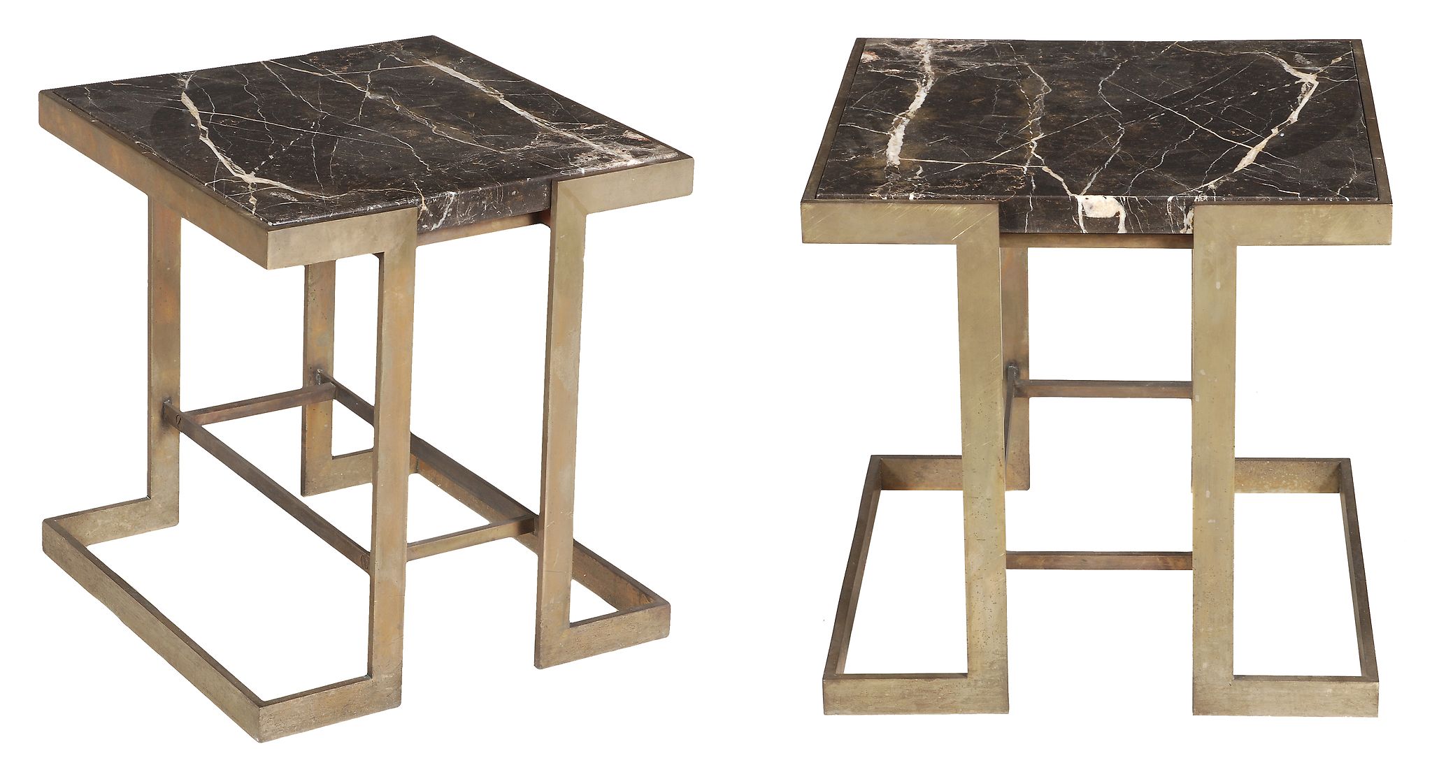 A pair of marble mounted bronze tables , second half 20th century  A pair of marble mounted bronze