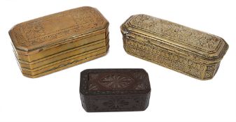 Two engraved brass tobacco boxes, probably Dutch, 18th century  Two engraved brass tobacco