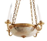 A Continental gilt metal and alabaster mounted four light electrolier  A Continental gilt metal