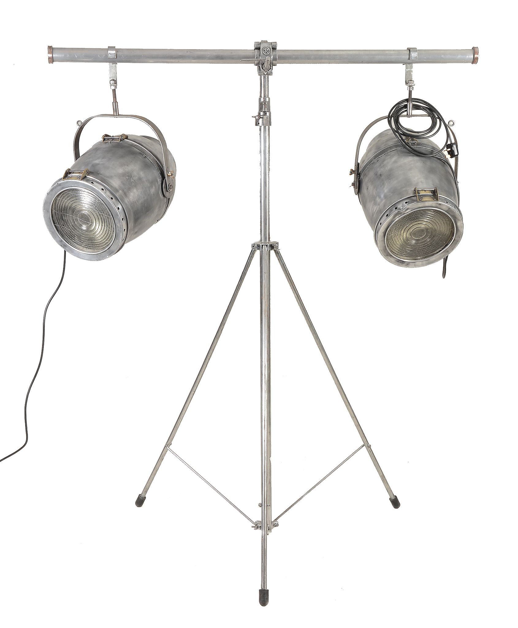 A pair of aluminium, glazed and brass mounted theatre moonlights, 20th century  A pair of aluminium,