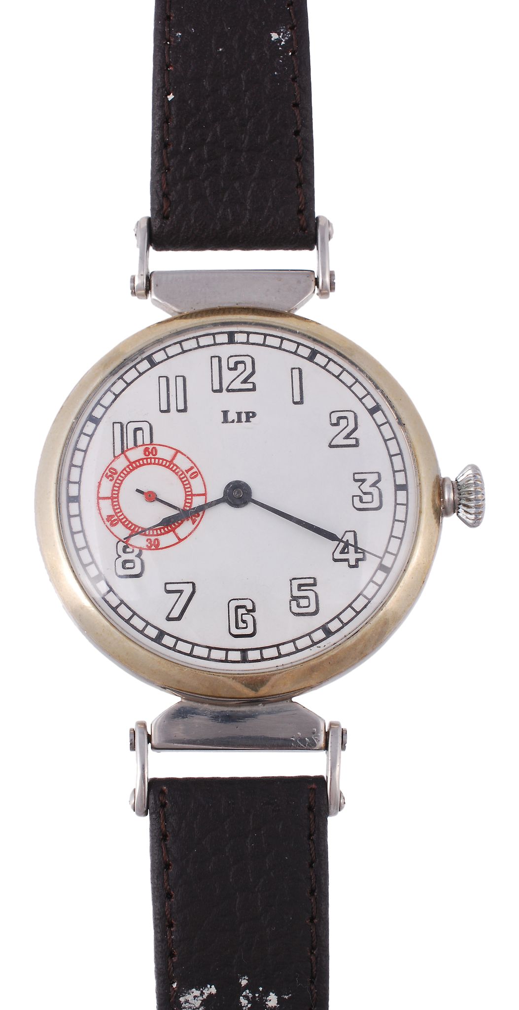 Lip, a nickel pocket watch, converted to a wristwatch, circa 1950  Lip, a nickel pocket watch,