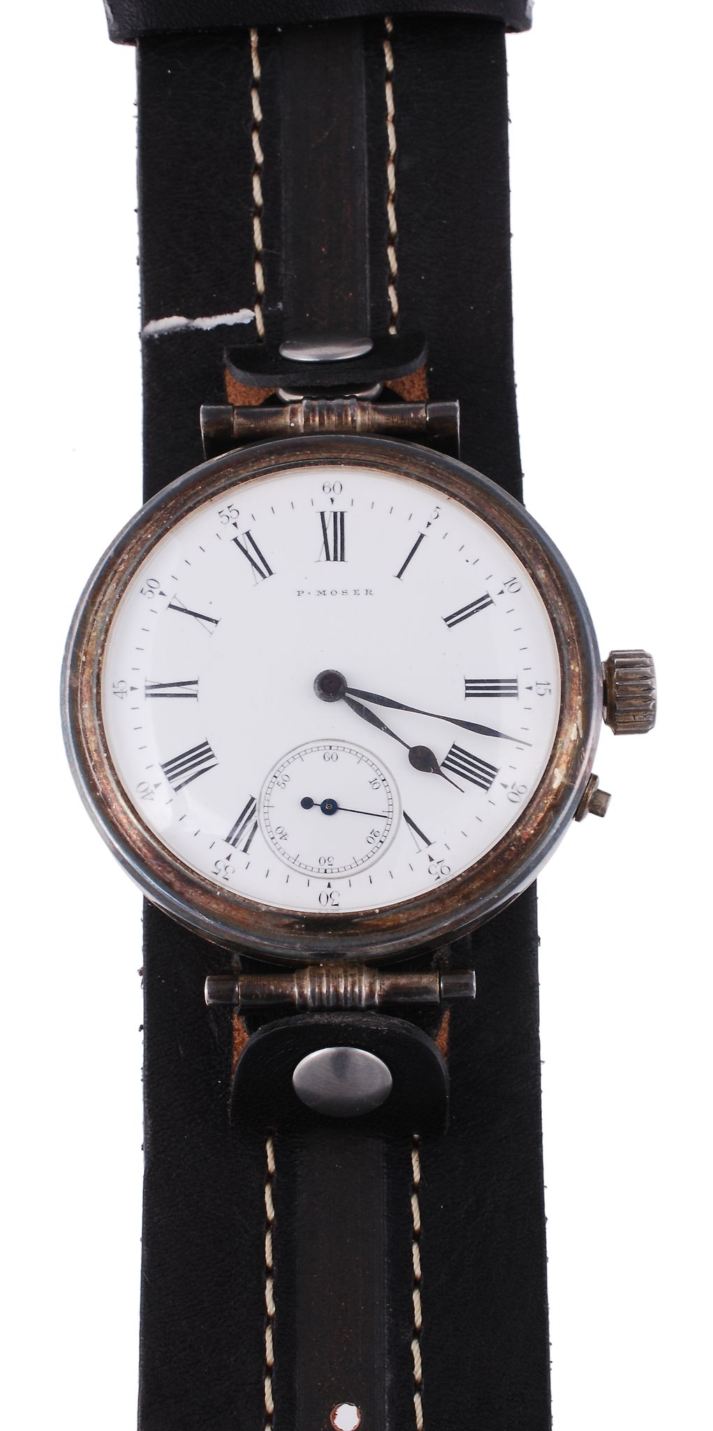 P. Moser, a white metal pocket watch converted to a wristwatch, circa 1890  P. Moser, a white