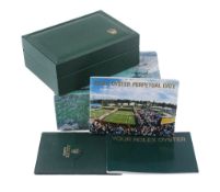 Rolex, a green leather box, with outer card packaging  Rolex, a green leather box,   with outer card