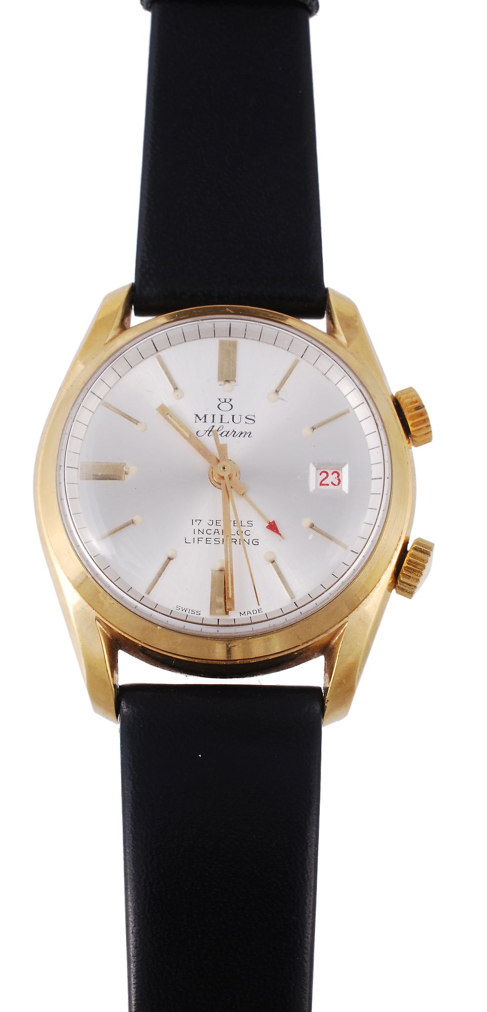 Milus, Alarm, a gentleman`s gold plated wristwatch, circa 1970  Milus, Alarm, a gentleman`s gold