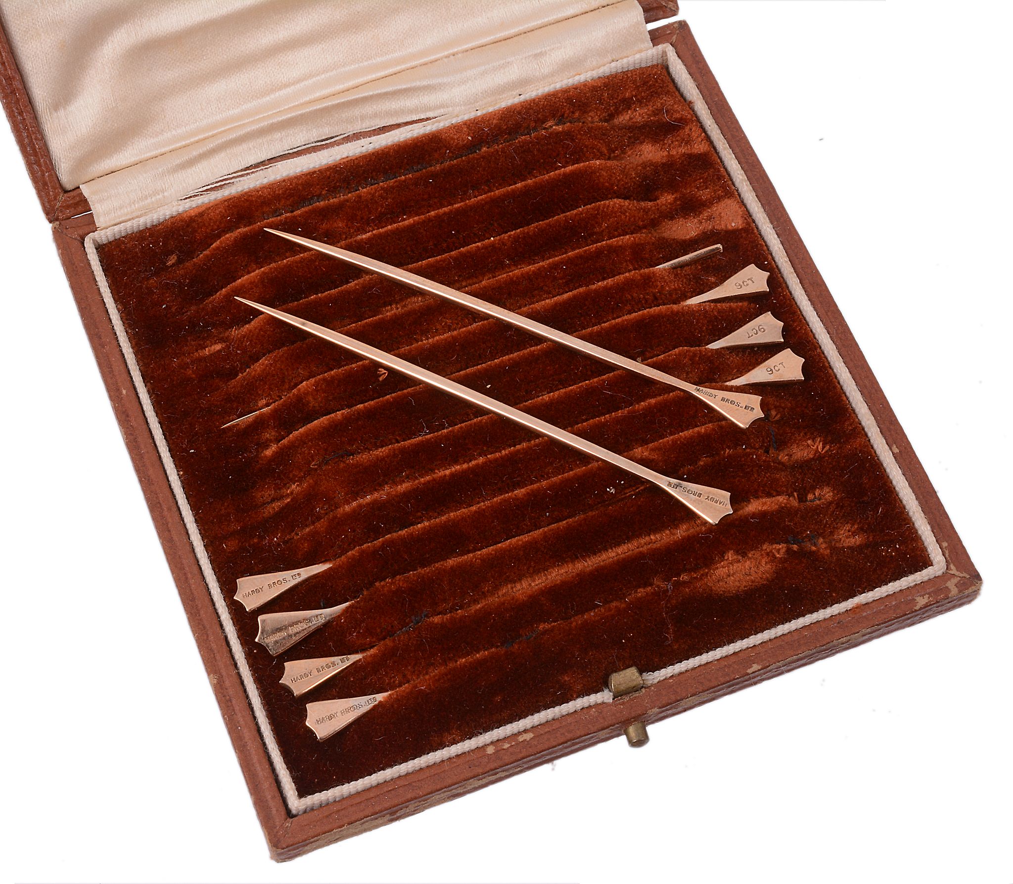 A cased set of ten toothpicks by Hardy Brothers Ltd., 7 A cased set of ten toothpicks by Hardy