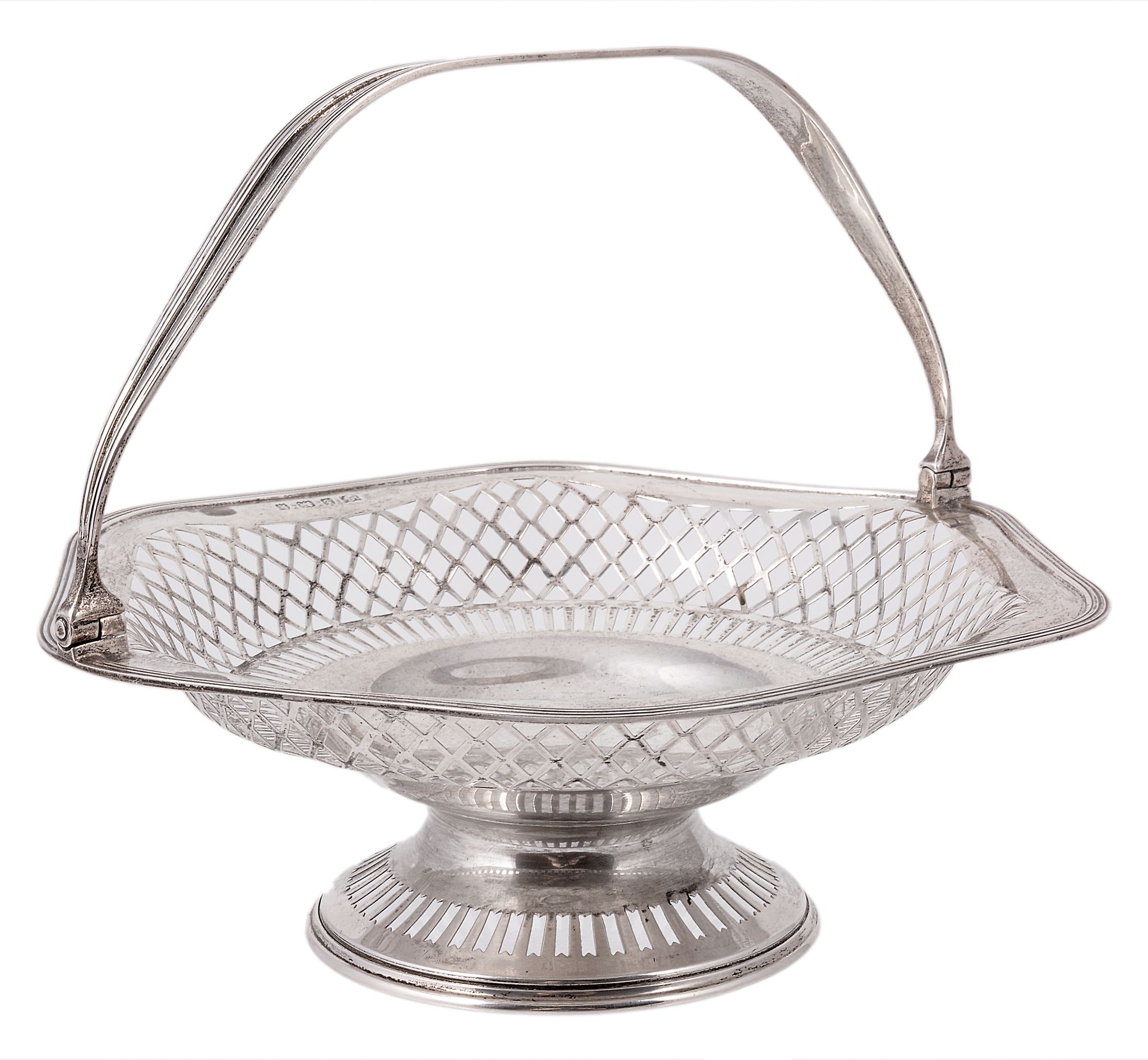 A late Edwardian silver swing handled shaped circular pedestal basket by S A late Edwardian silver