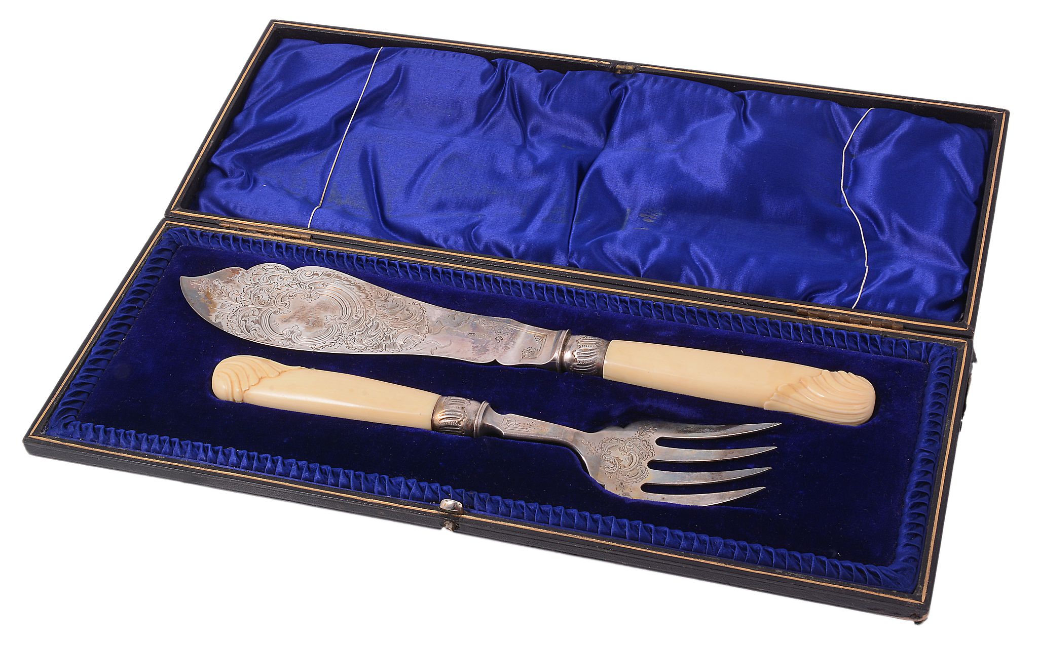 A cased pair of silver fish servers by Martin, Hall & Co A cased pair of silver fish servers by