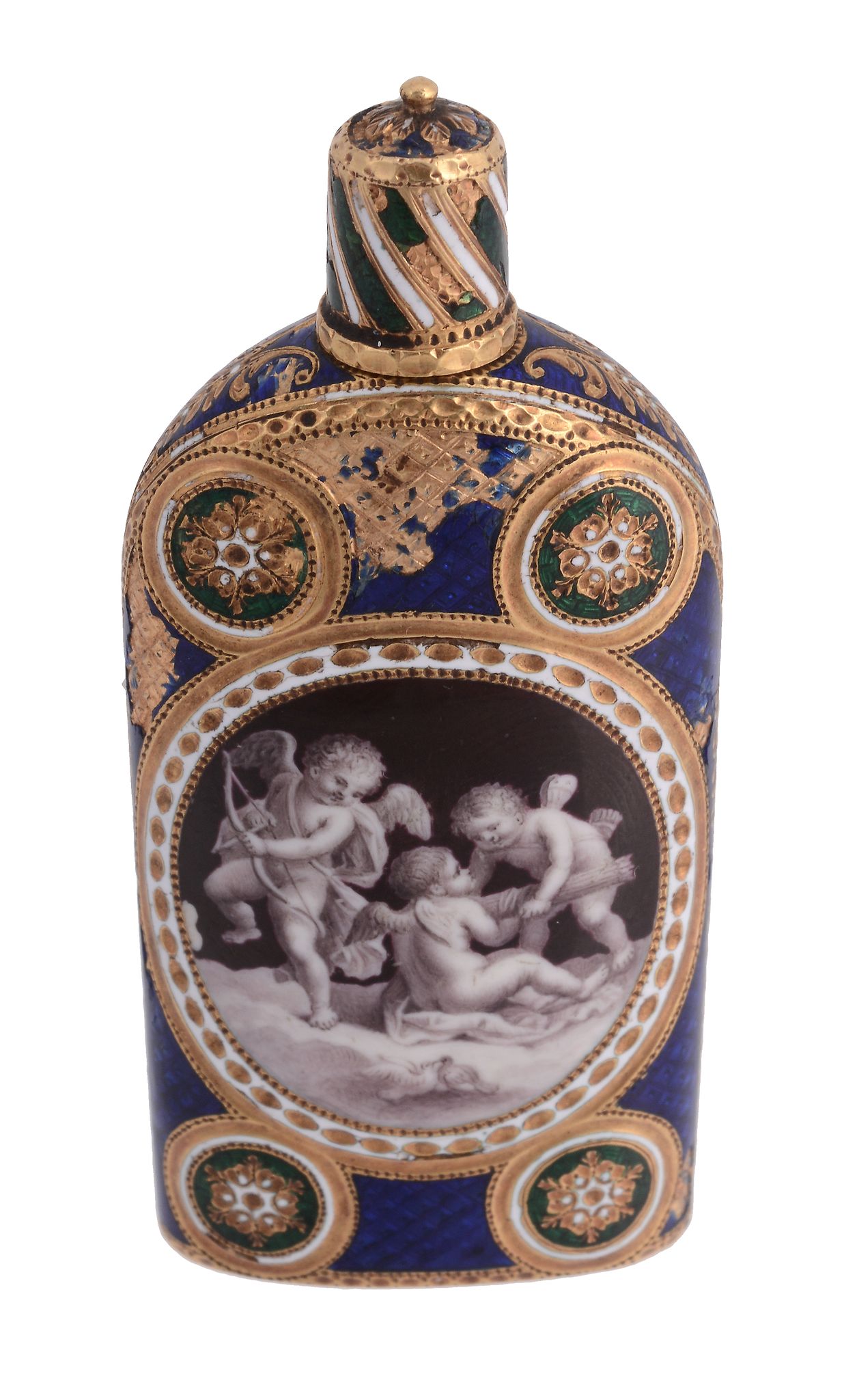 A Continental gold and enamel scent bottle, maker`s mark I A Continental gold and enamel scent
