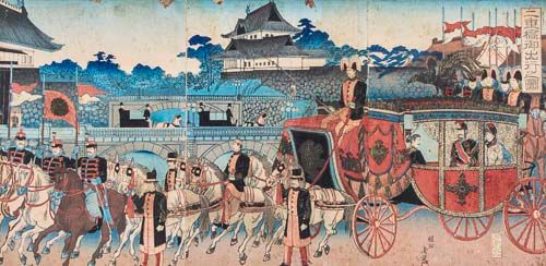 Toyohara Chikanobu (1838-1912) - The Emperor in a carriage procession, Vertical oban triptych,