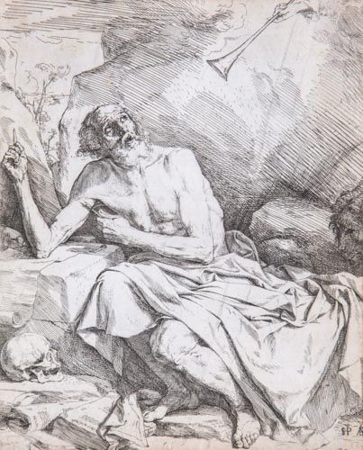 JosÃ© de Ribera (1591-1652) - St Jerome hearing the trumpet of the Last Judgement, Etching, on laid