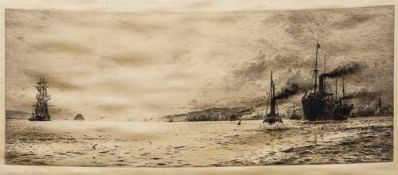 William Lionel Wyllie RA RE (1851-1931) - Tramp Steamer off the Coast, Etching with drypoint on